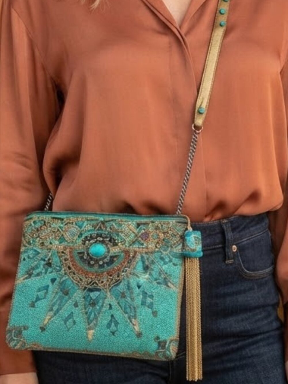 NWT Mary Frances Turquoise and Gold Beaded Clutch retail $288
